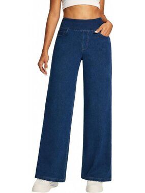 Womens Dark Blue Denim High Elastic Waisted 5 Pockets Style Baggy Wide Leg Jeans